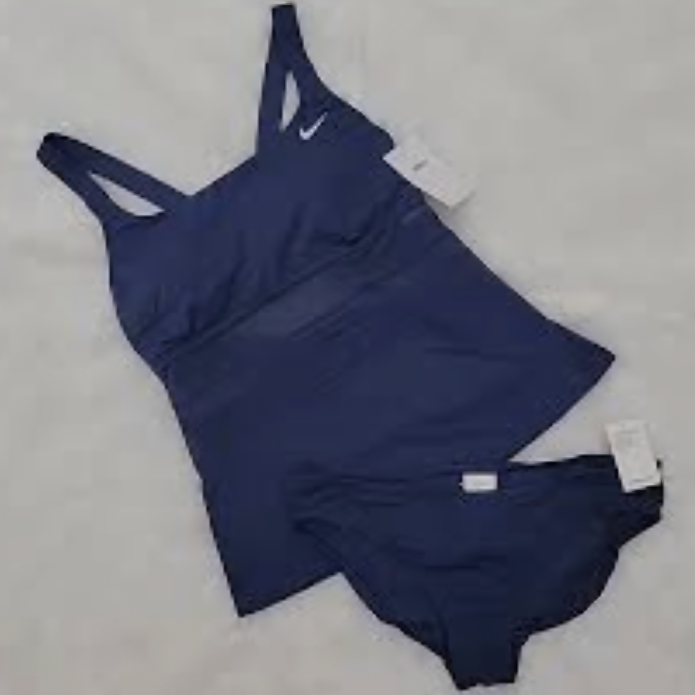 NIKE Women's 2-Piece Tankini Swimsuit Set Mesh Solid Edge Navy Blue Size M NEW.